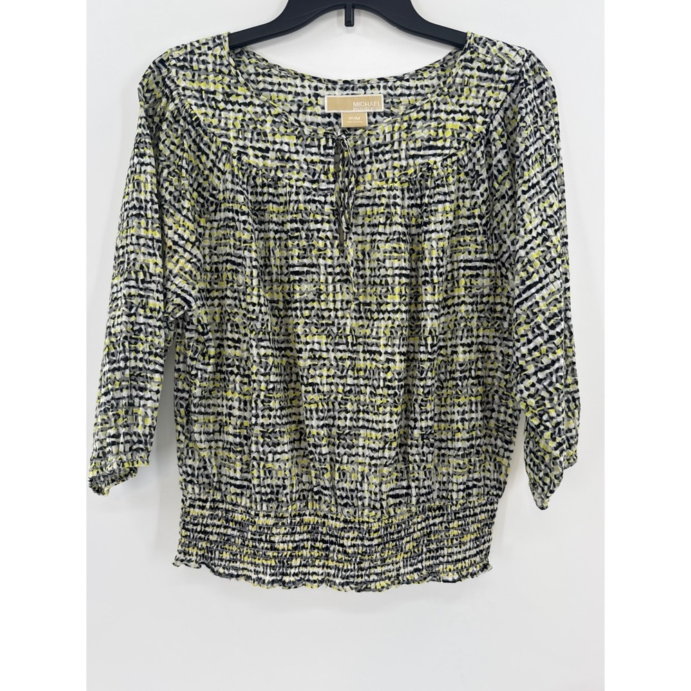 Michael Kors Womens Petite Med Blouse Yellow Black Abstract Smocked Hem Tie Neck